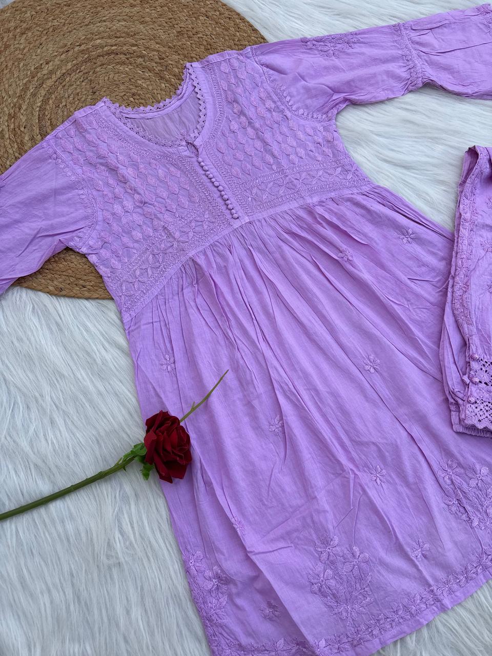 Laila Dobby Cotton Frock Style Short Kurti with Afghani Pant - Purple Color