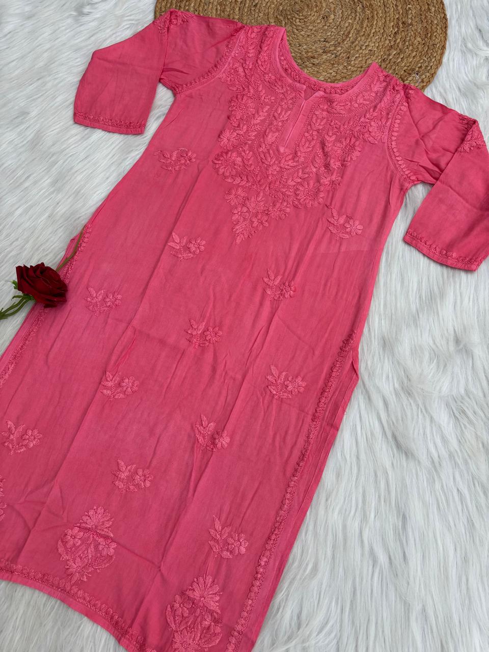 Kiara Dyeable Soft Rayon Handwork Chikankari Kurti - Gazri Colour