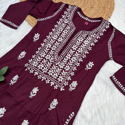 Shanaya Pure Cotton Chikankari Kurti Wine Colour
