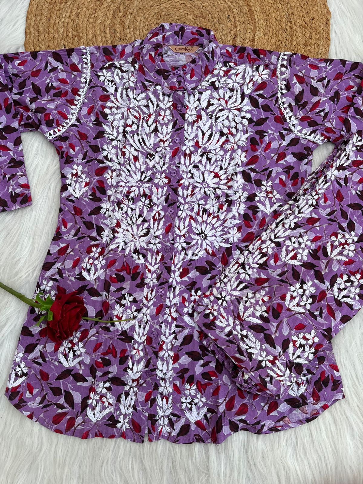 Mulmul Cotton Lucknowi Chikankari Coord Set - Lavender Colour