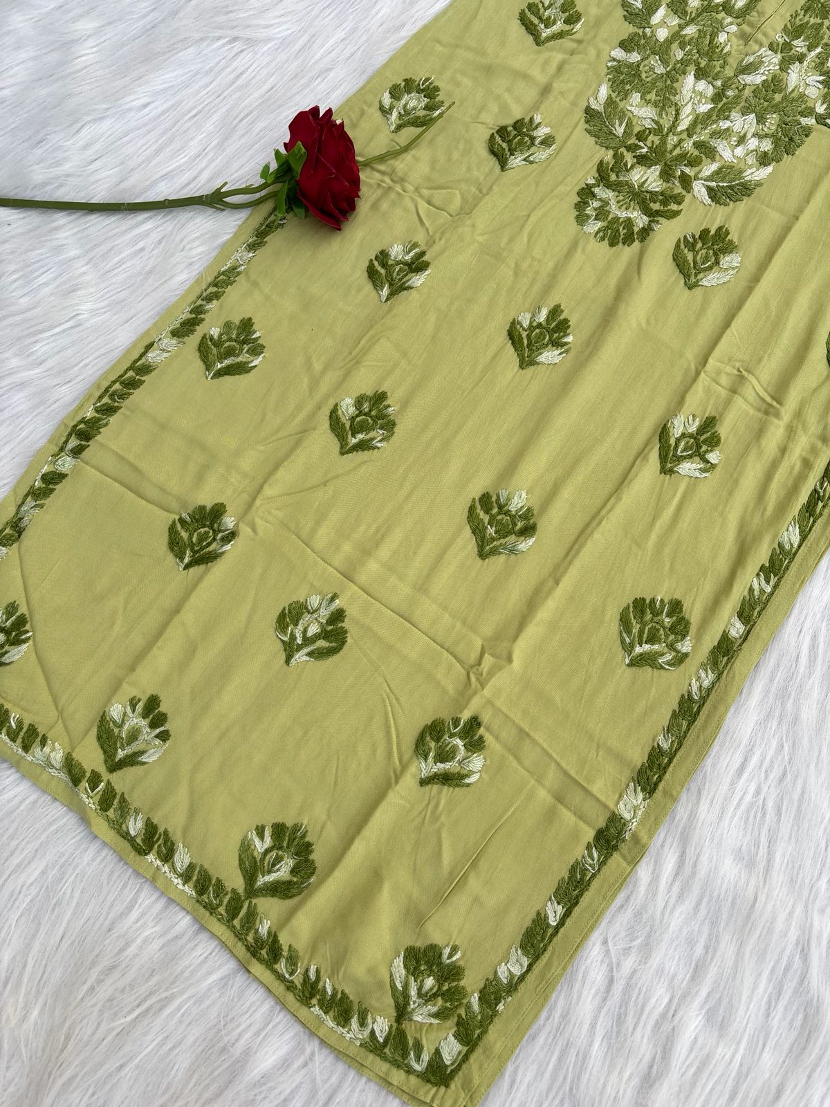 Roohi Rayon Tone To Tone Lucknowi Handwork Chikankari Kurti - Green Color