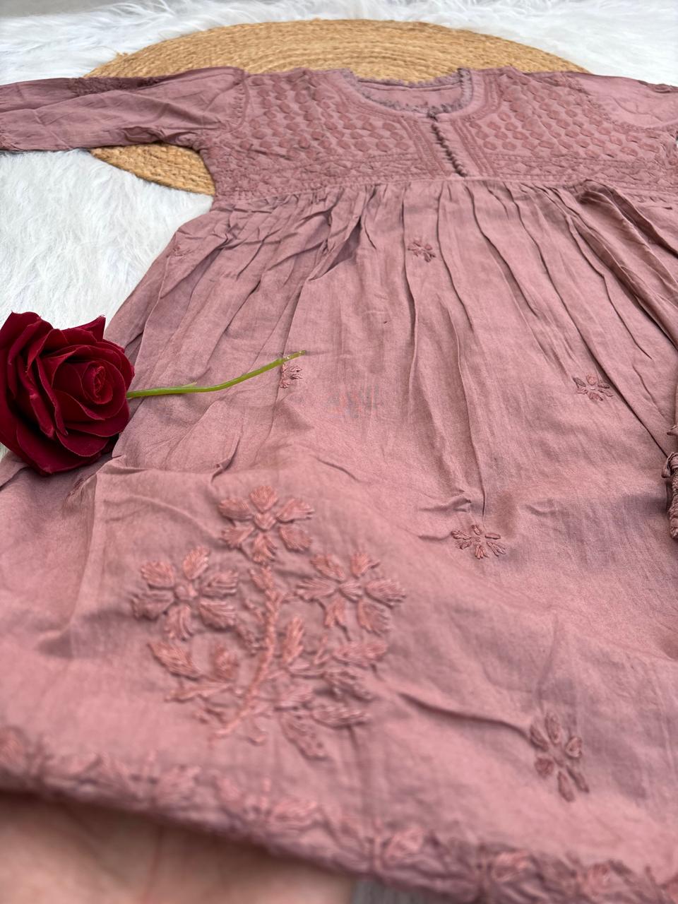 Laila Dobby Cotton Frock Style Short Kurti with Afghani Pant - Brown Color