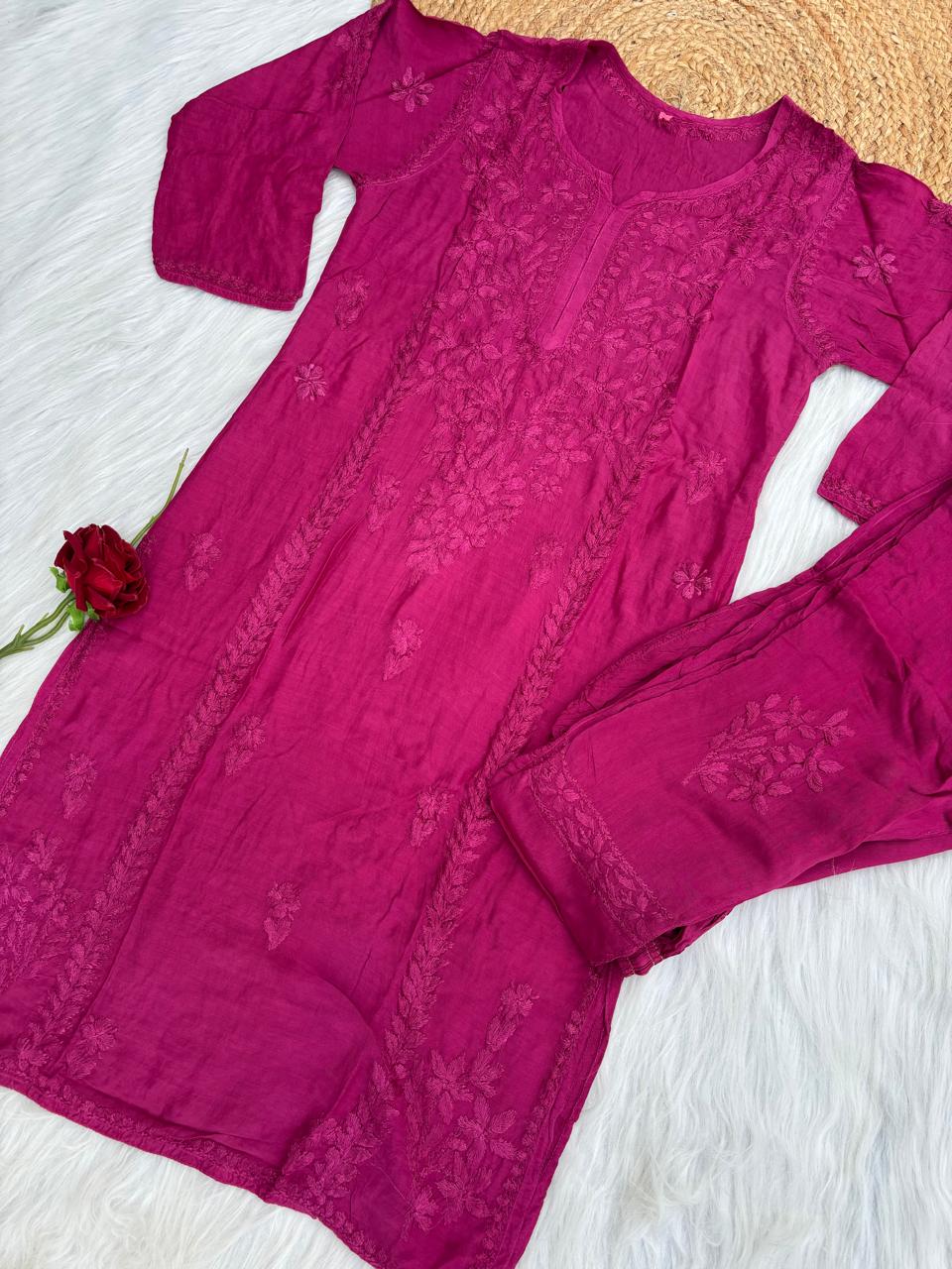Nadia Muslin Lucknowi Chikankari Kurti Pant Set - Wine Color
