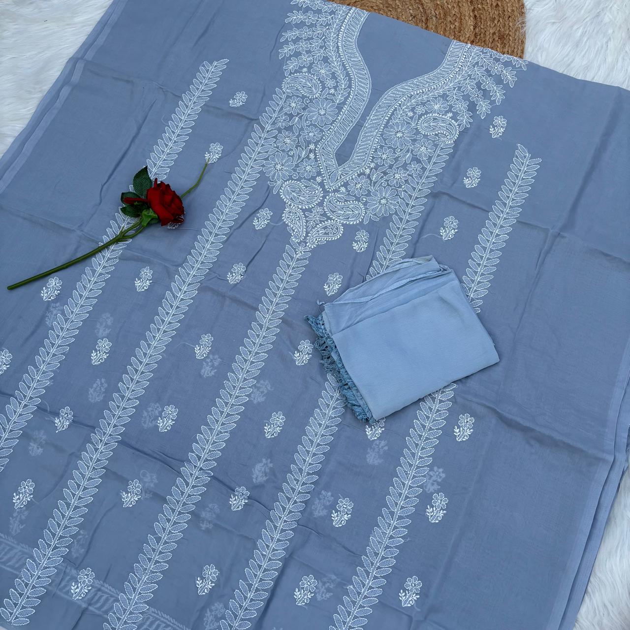 Madhuri Voile Cotton Chikankari Unstitched 3 pc set - Grey Colour