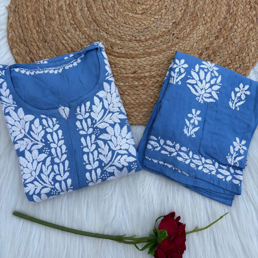 Samara Rayon Handwork Chikankari Kurti Plazo Set - Blue Colour
