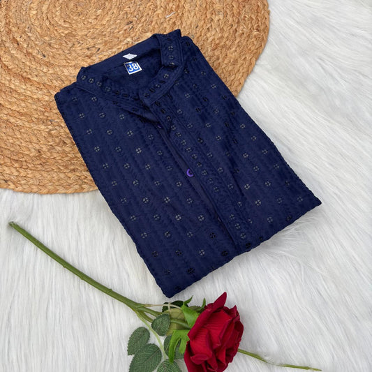 Ayaan Mens Cotton Chikankari Kurta - Blue colour