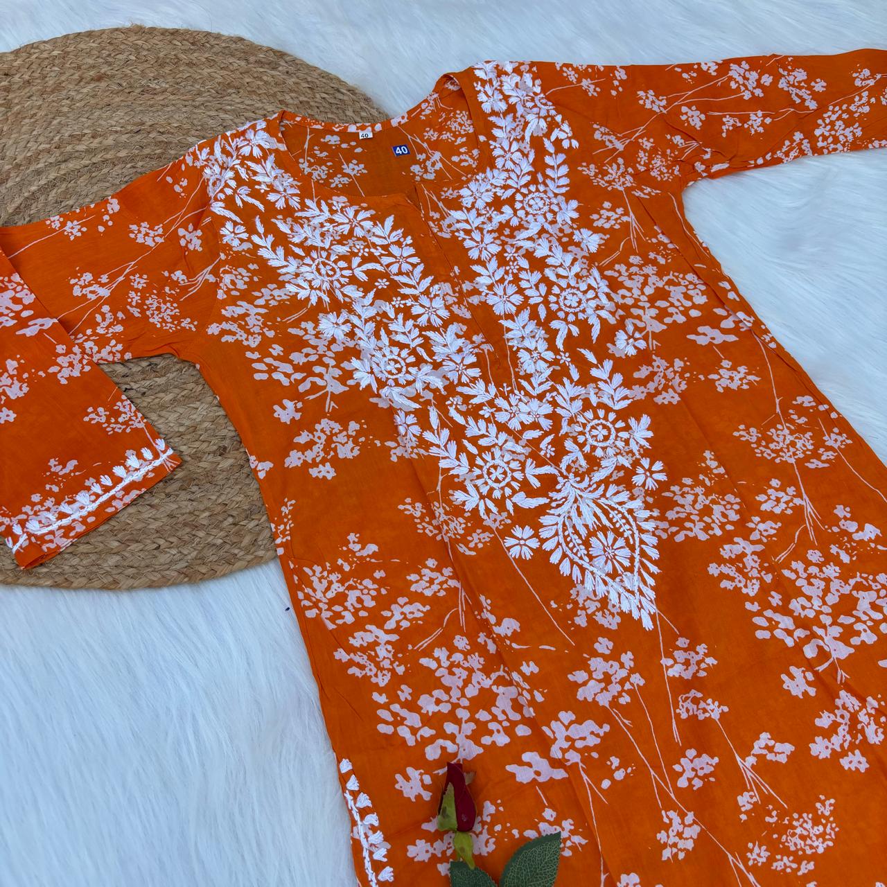 Mahira Sharma Inspired Pure Mulmul Printed Chikankari Handwork Kurti -  Orange Colour