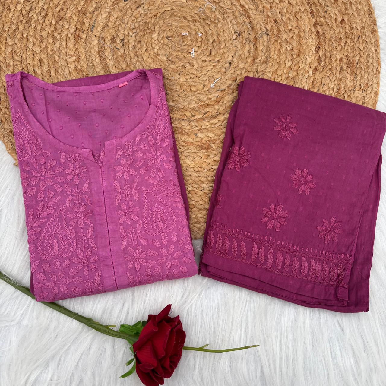 Nuha Dobby cotton Ombre shaded Lucknowi Chikankari Kurti Plazo Set - Wine Colour