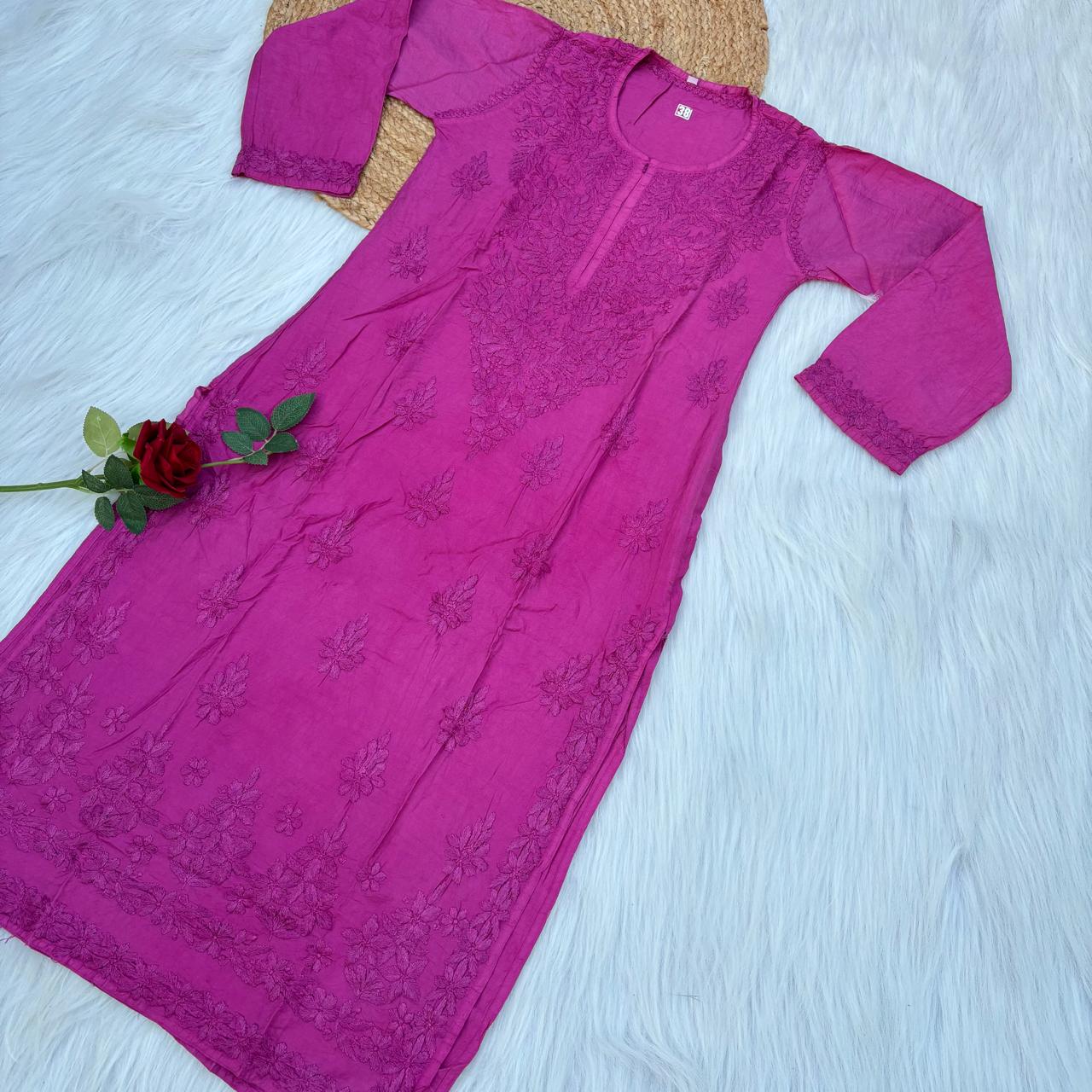 Zooni Chanderi Lucknowi Chikankari Dyed Kurti -Rani colour