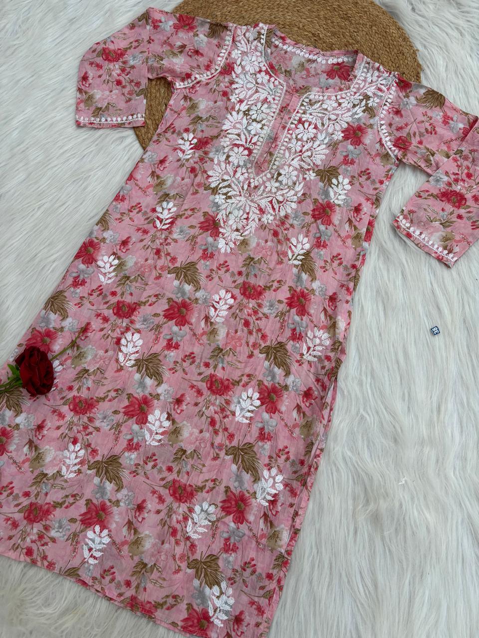 Alina Pure Mulmul Chikankari Handwork Kurti - Pink Colour