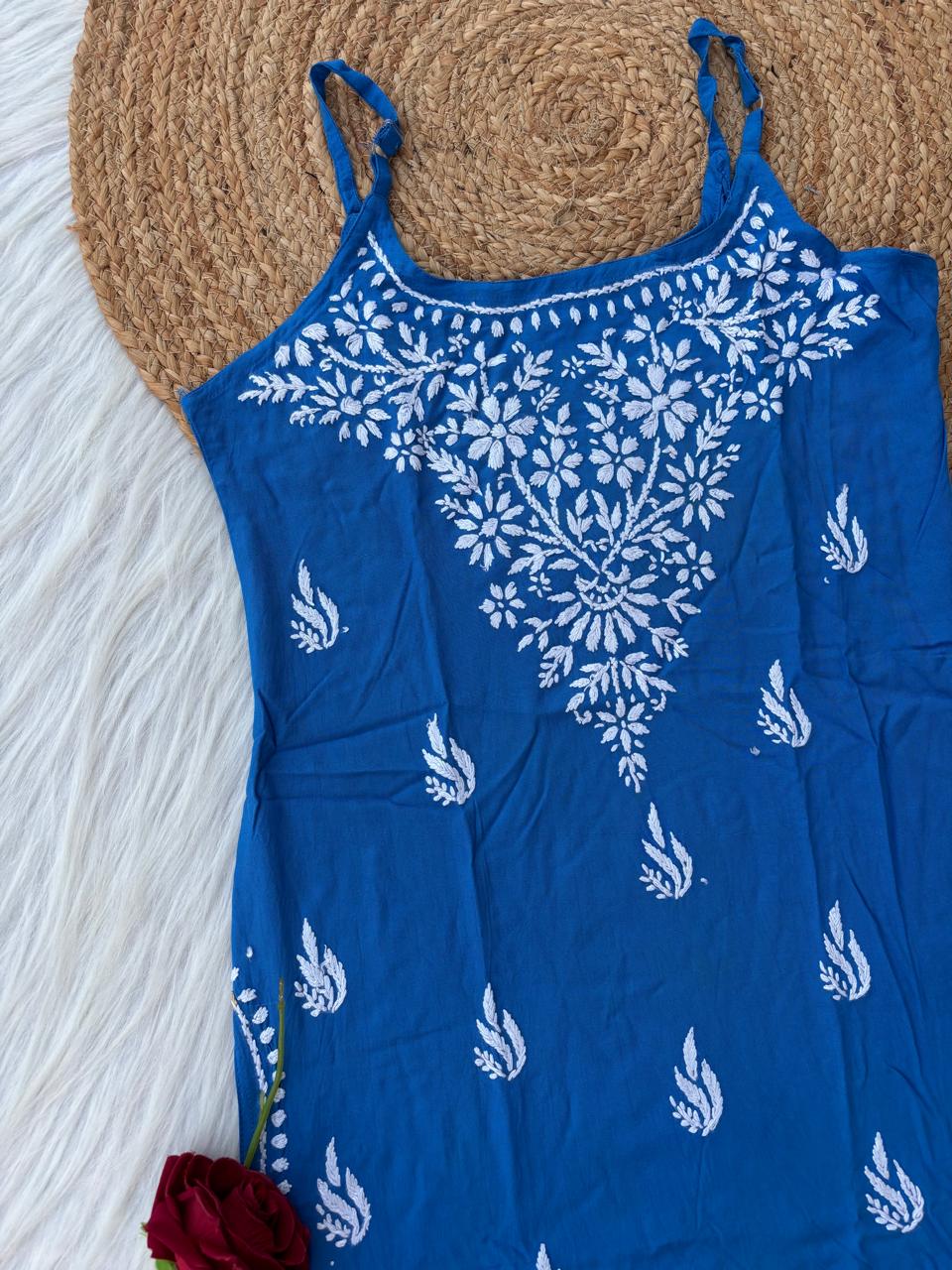 Ayla Rayon Handwork Chikankari Noodle Strap Short Kurti - Blue Colour