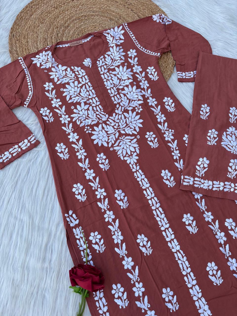 Samara Rayon Handwork Chikankari Kurti Plazo Set - Rush  Colour