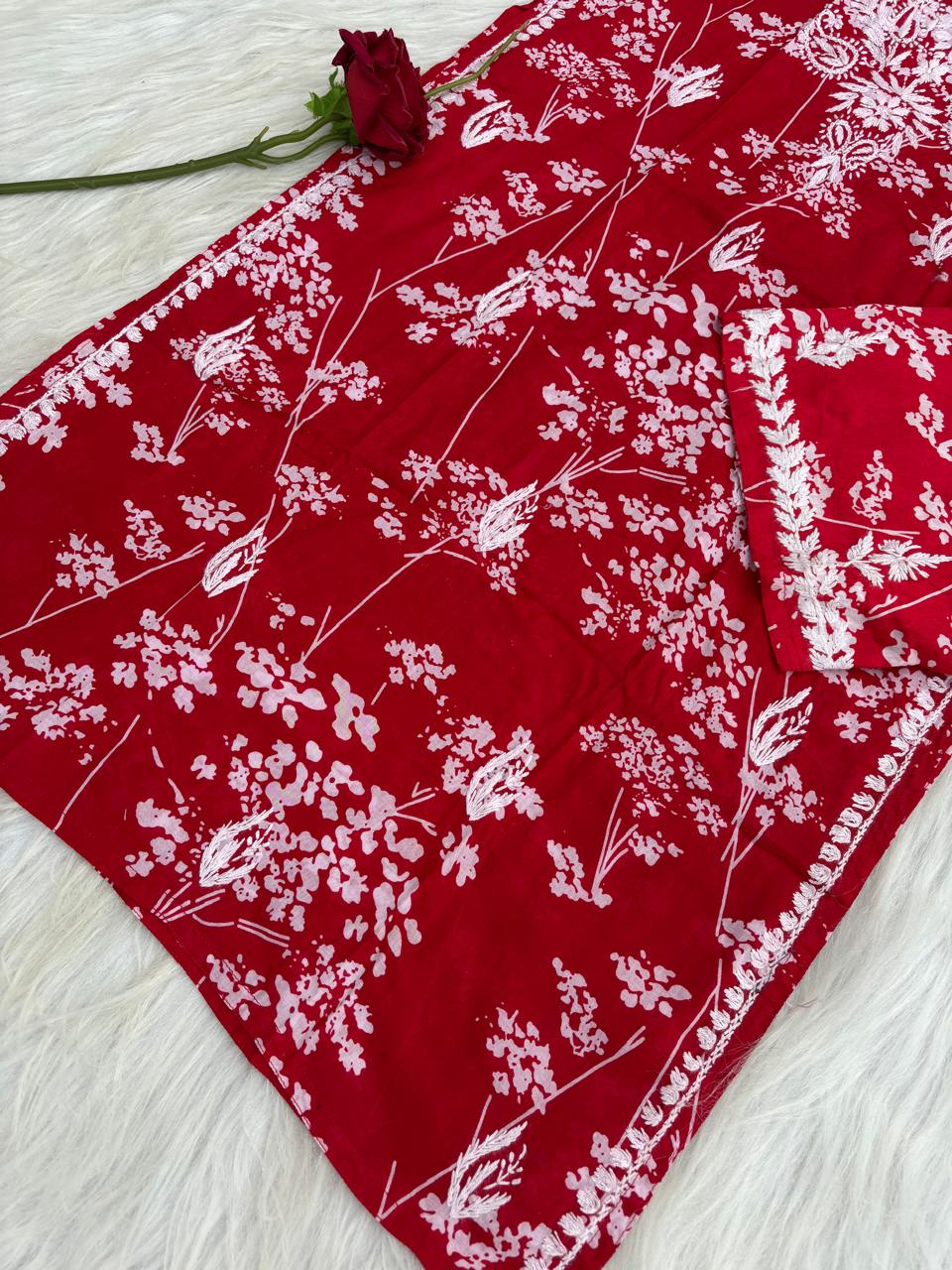Jiya Mulmul Cotton Handwork Chikankari Kurti Set - Red Colour