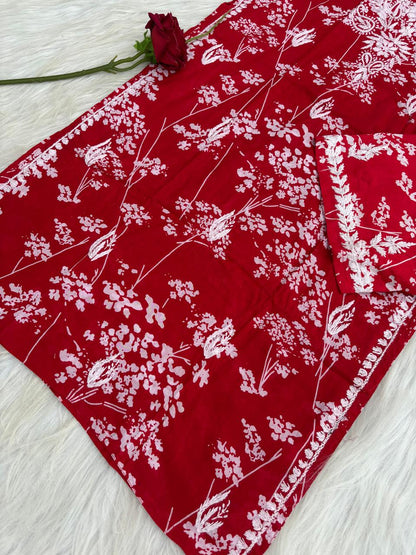 Jiya Mulmul Cotton Handwork Chikankari Kurti Set - Red Colour