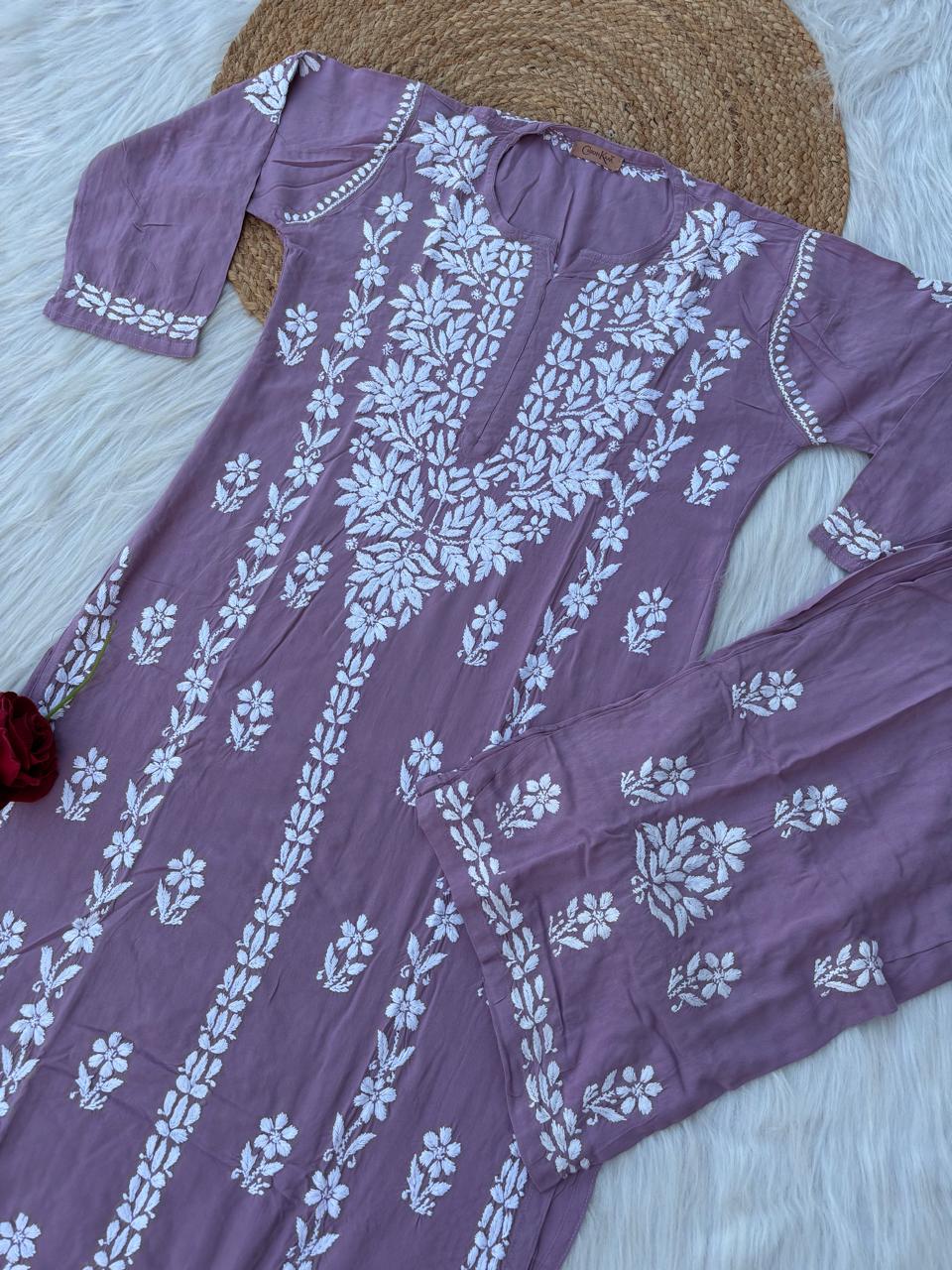 Samara Rayon Handwork Chikankari Kurti Plazo Set - Mauve Colour
