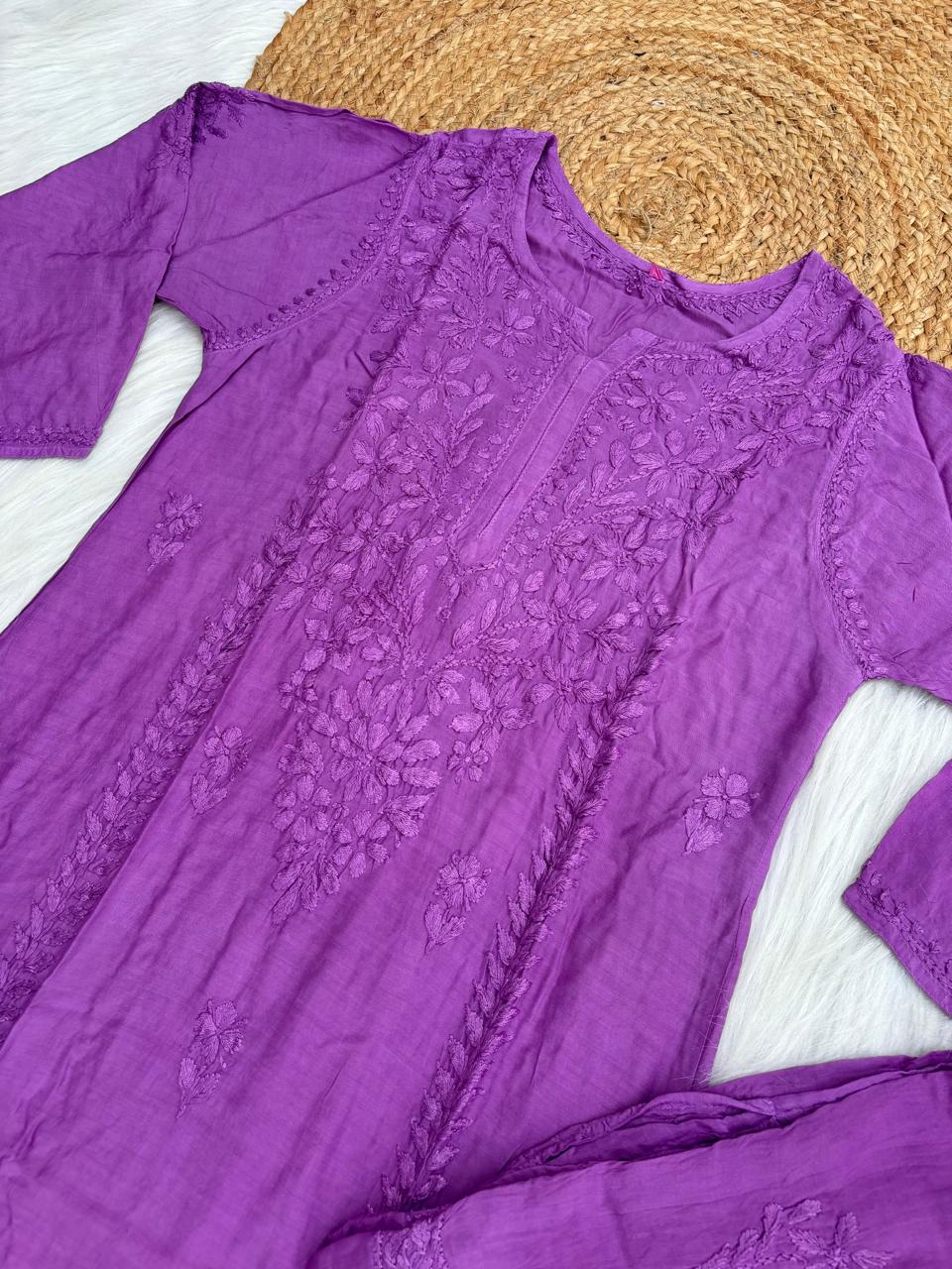 Nadia Muslin Lucknowi Chikankari Kurti Pant Set - Purple Color