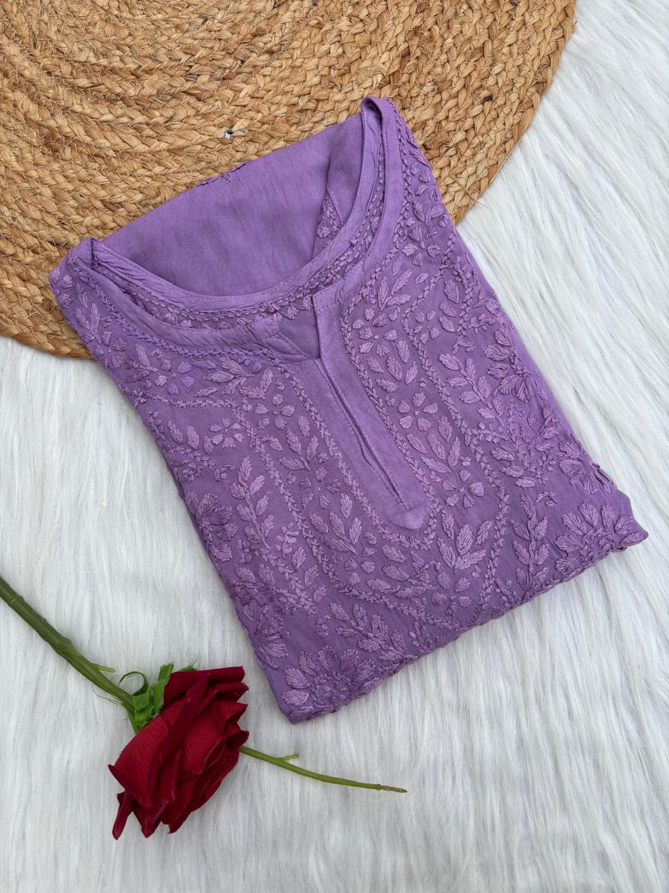 Kiara Dyeable Soft Rayon Handwork Chikankari Kurti - Purple Colour