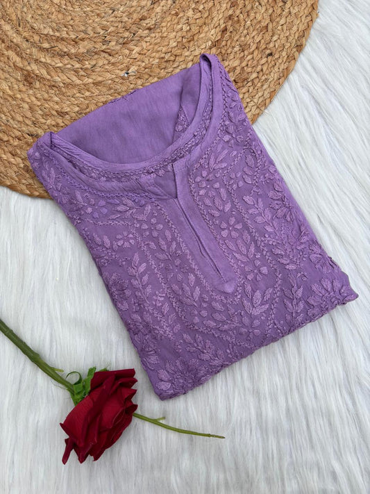 Kiara Dyeable Soft Rayon Handwork Chikankari Kurti - Purple Colour