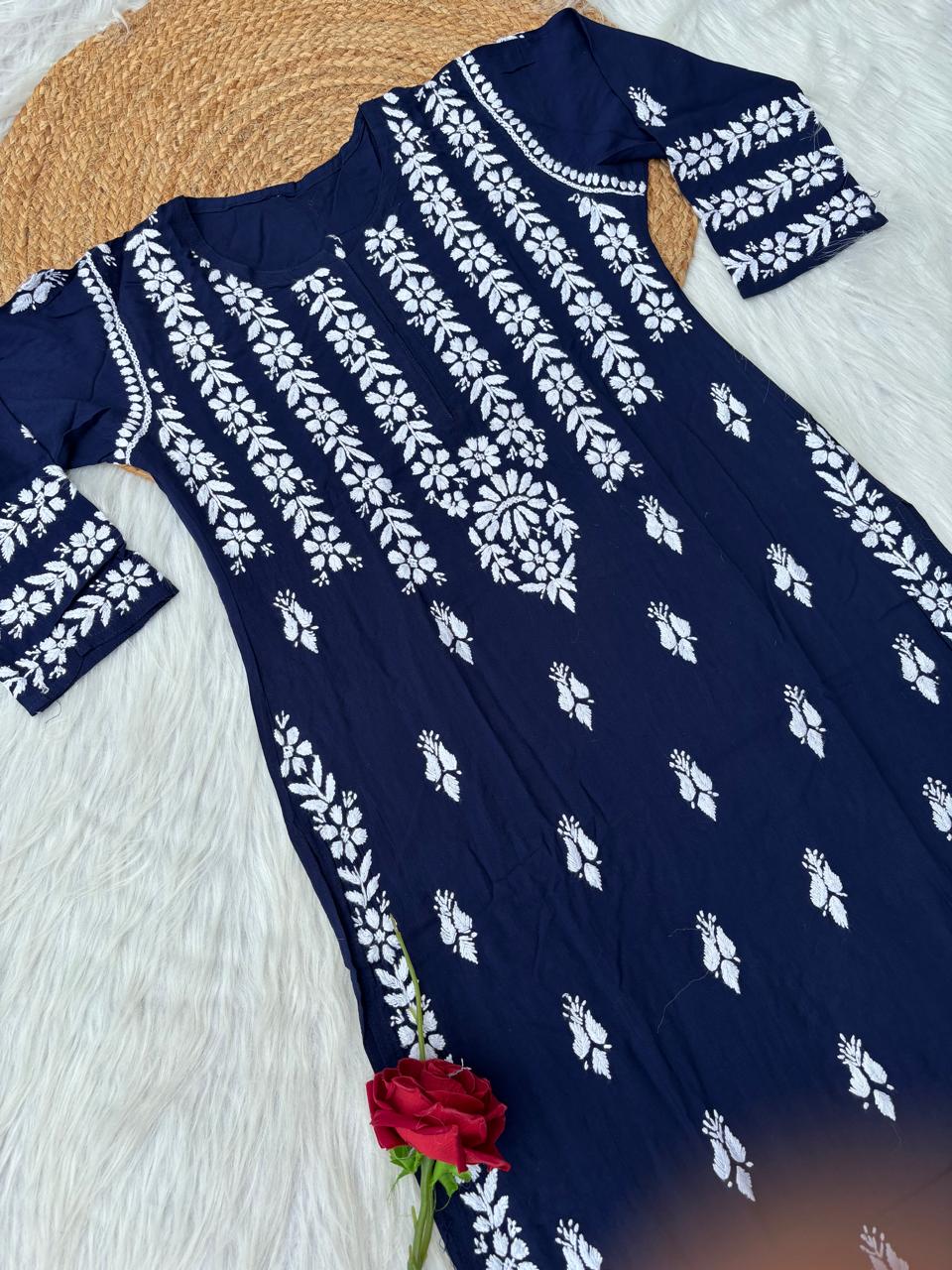 Zoobia Soft Rayon Handwork Chikankari Kurti - Blue Colour