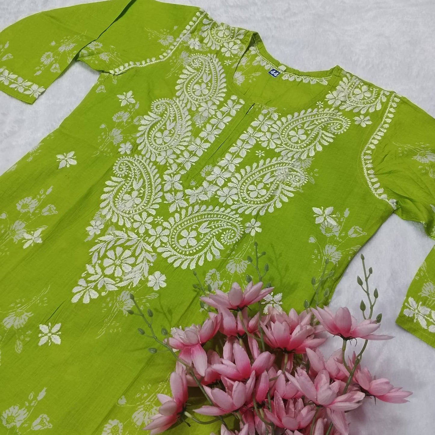 PURE MULMUL PRINTED CHIKANKARI KURTI - PARROT GREEN - chikankaar