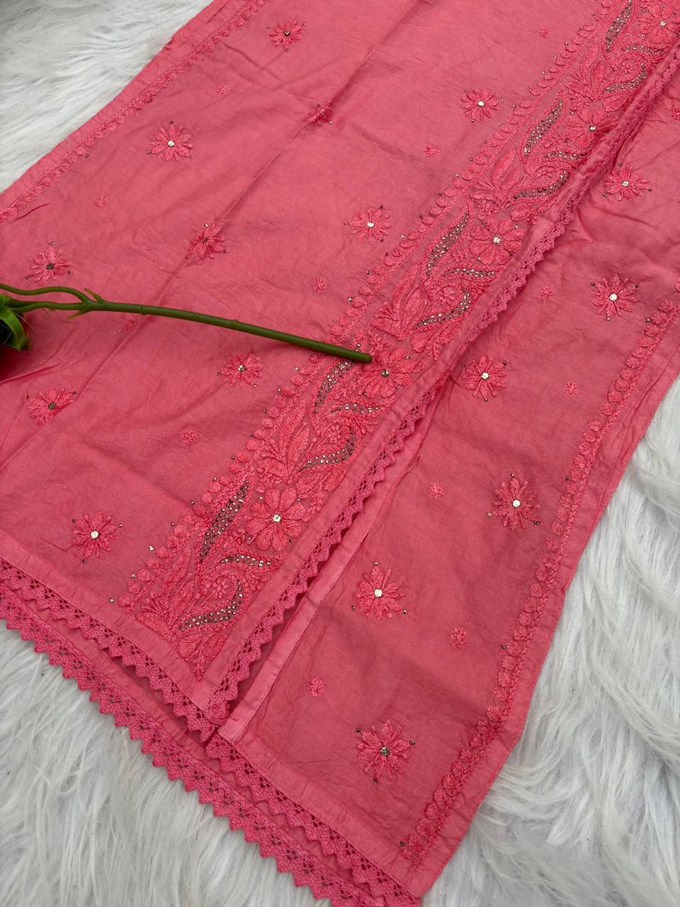 Naaz Chanderi Angrakha style Chikankari Kurti with Mukaish work -Gazri Colour