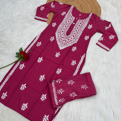 Afana Silk Chikankari Kurti Plazo set Rani Colour