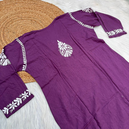 Maysa Soft Rayon Handwork Chikankari Kurti - Mauve Colour