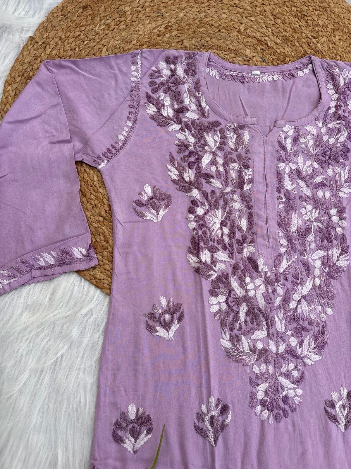 Roohi Rayon Tone To Tone Lucknowi Handwork Chikankari Kurti - Lavender Color