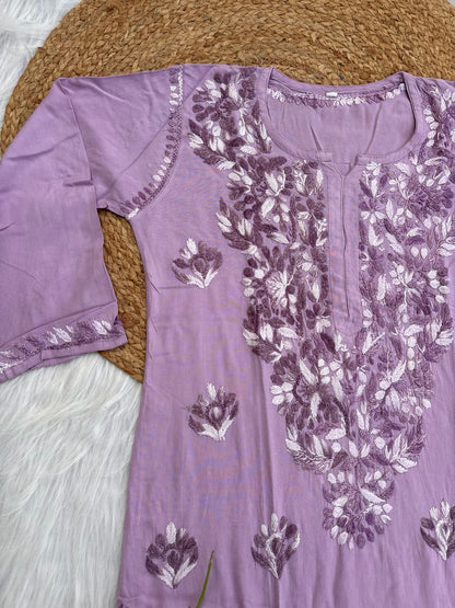 Roohi Rayon Tone To Tone Lucknowi Handwork Chikankari Kurti - Lavender Color