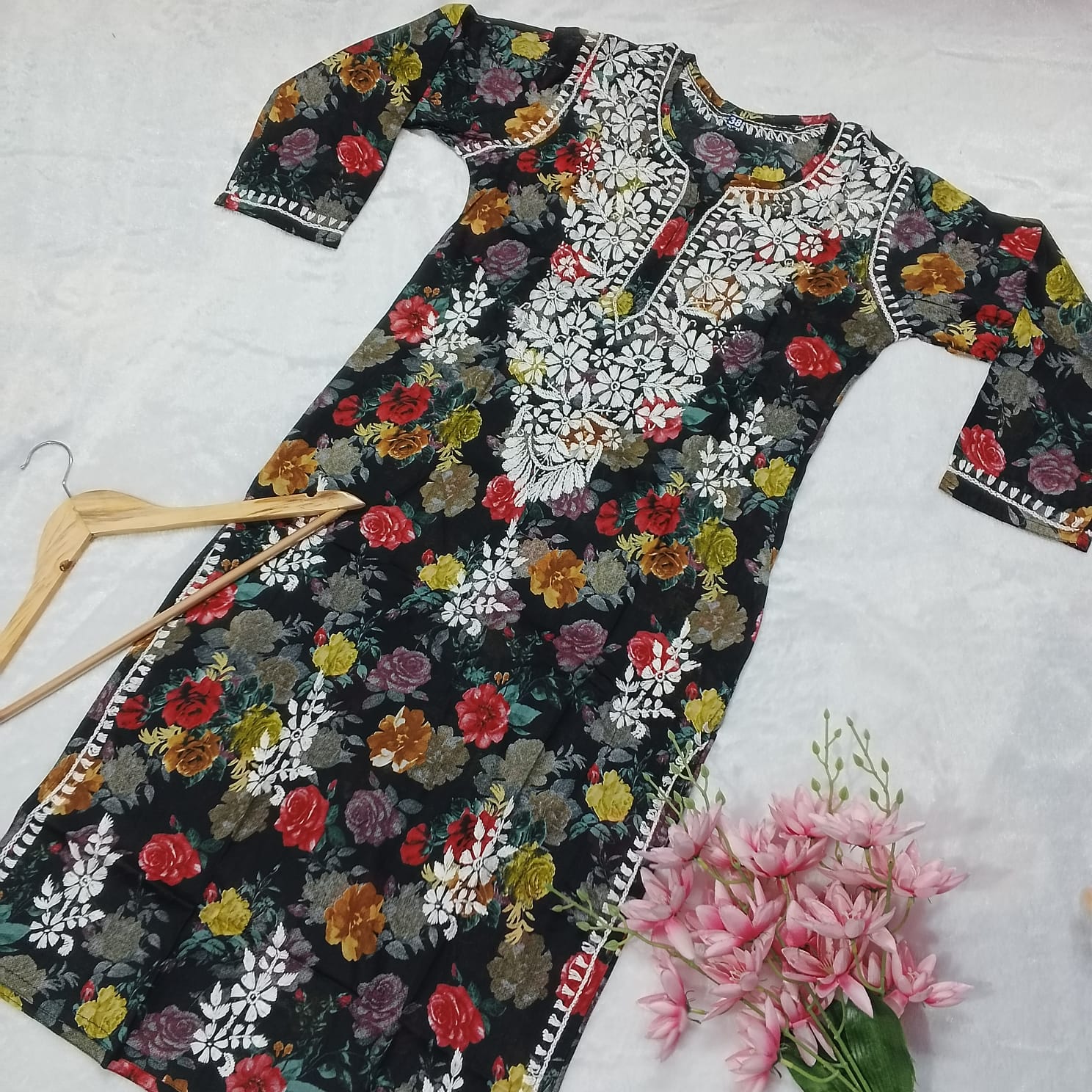 MULMUL FLORAL PRINTED CHIKANKARI KURTI - BLACK COLOUR - chikankaar