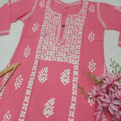 Soft Rayon Heavy Chikankari Panel Work Kurti -Gazri Colour