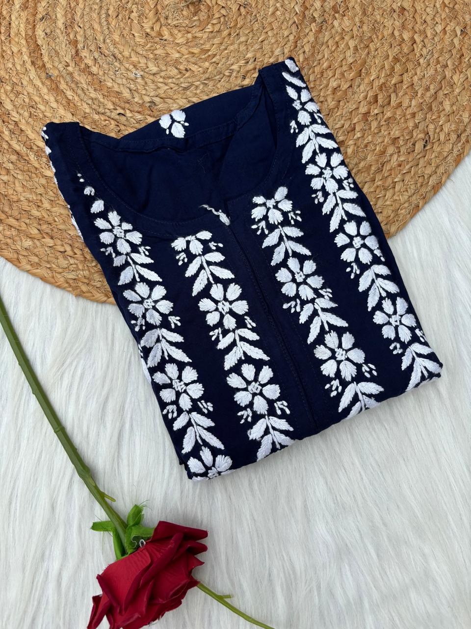 Zoobia Soft Rayon Handwork Chikankari Kurti - Blue Colour