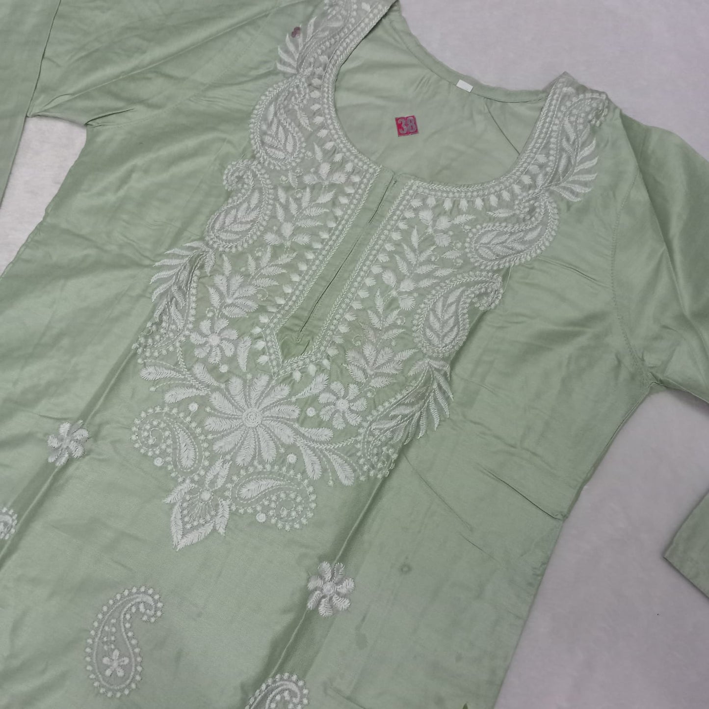 Rayon Chikankari Machine Work Kurti Plazo Set-  Pista Colour