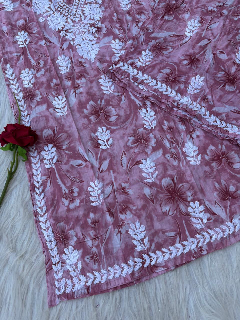 Shazia Mulmul Cotton Chikankari Kurti Set - Pink Colour
