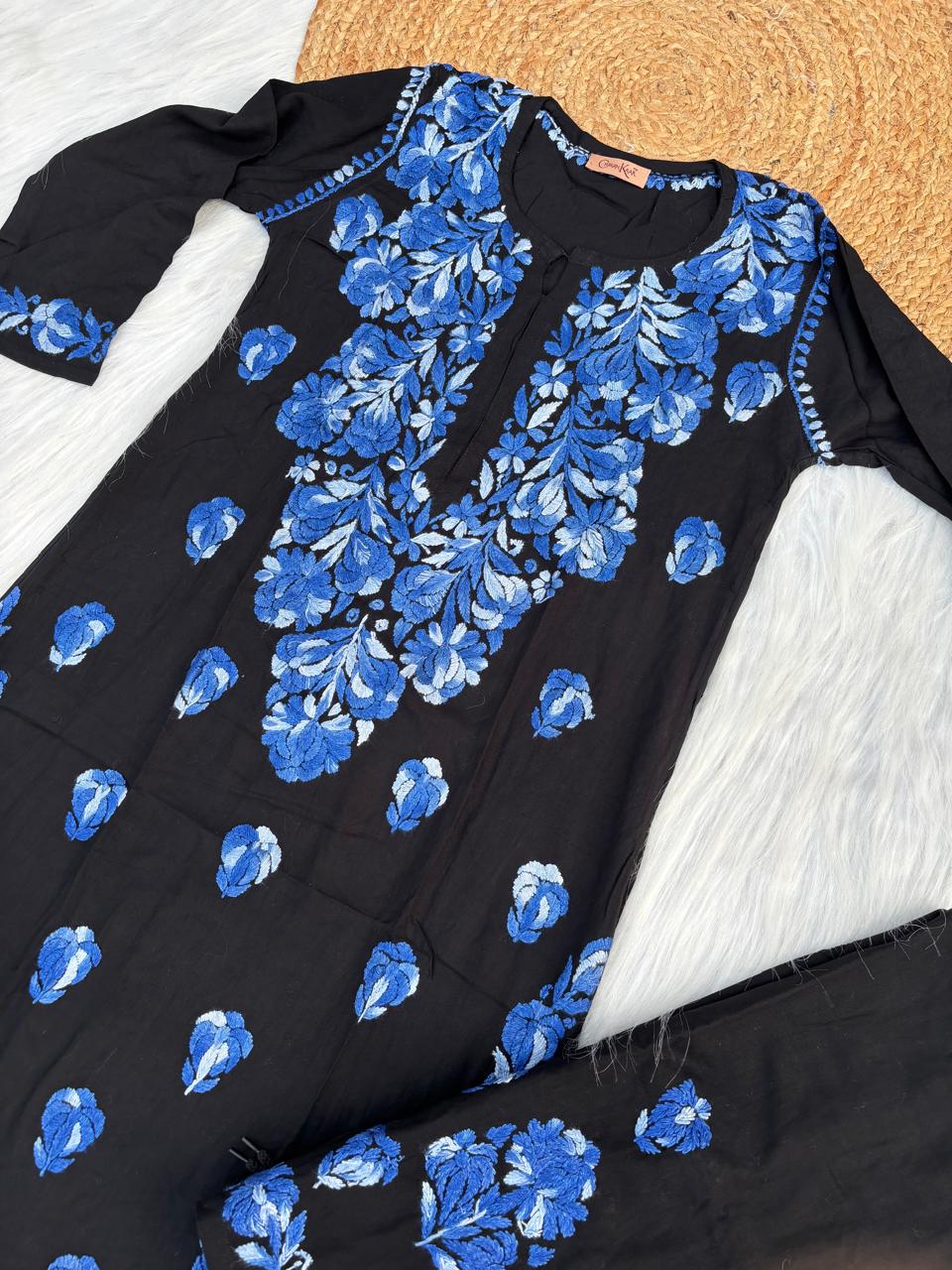 Rida Rayon Handwork Chikankari Kurti Set - Blue Colour