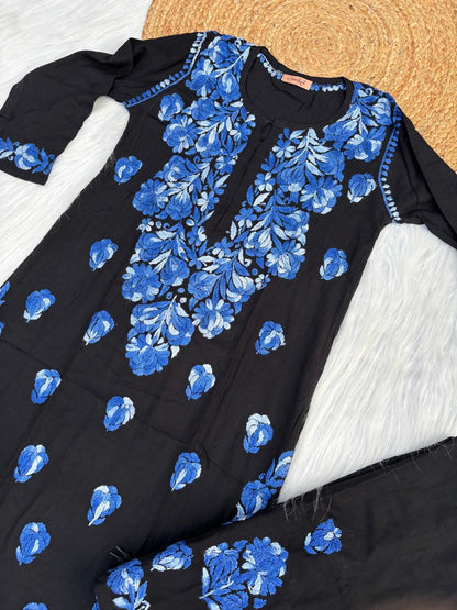 Rida Rayon Handwork Chikankari Kurti Set - Blue Colour