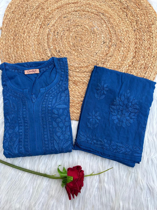 Azra Soft Rayon Dyeable Handwork Chikankari kurti Set - Blue Colour