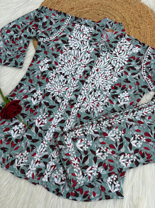 Ziya Mulmul Cotton Lucknowi Chikankari Coord Set - Muted Blue Colour