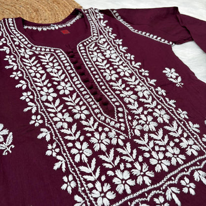 Shanaya Pure Cotton Chikankari Kurti Wine Colour