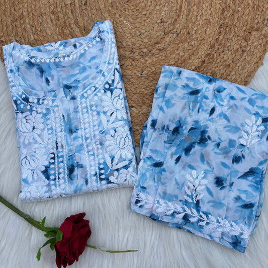 Aaliyah Mulmul Cotton Chikankari Kurti Set -Blue Colour