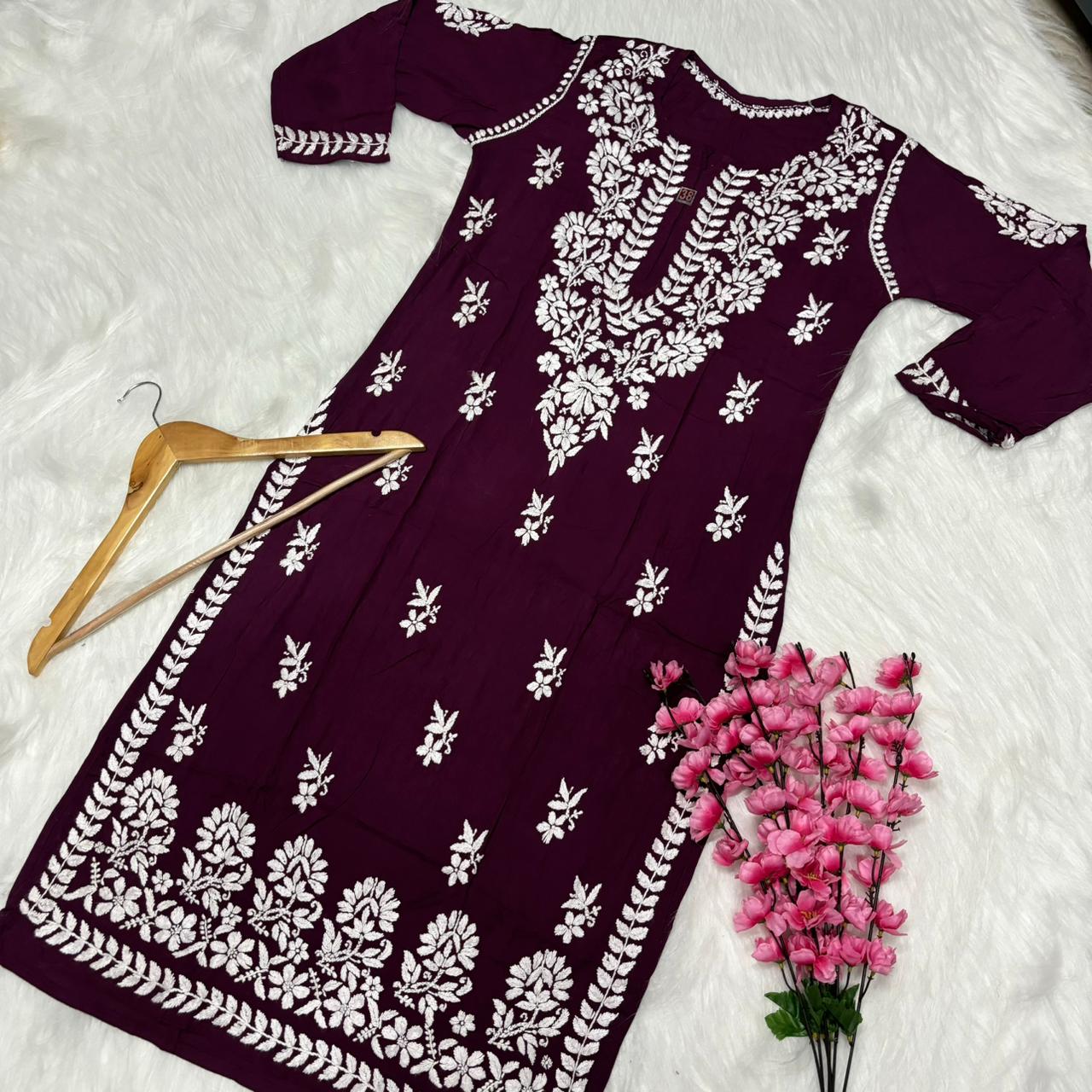 Avneet Kaur Inspired Modal Chikankari Kurti - Wine colour