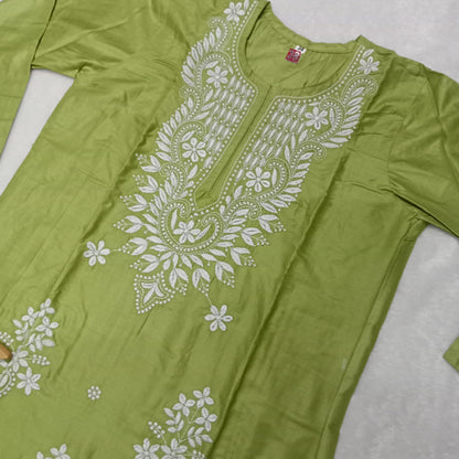 Rayon Chikankari Machine Work  Kurti Plazo Set- Parrot Green Colour