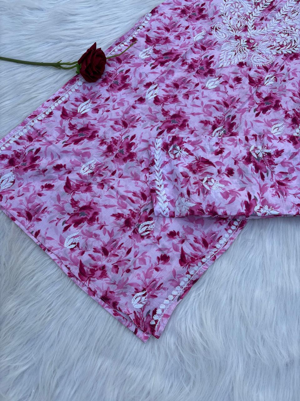 Hadaya Mulmul Cotton Chikankari Kurti Set -Pink Colour