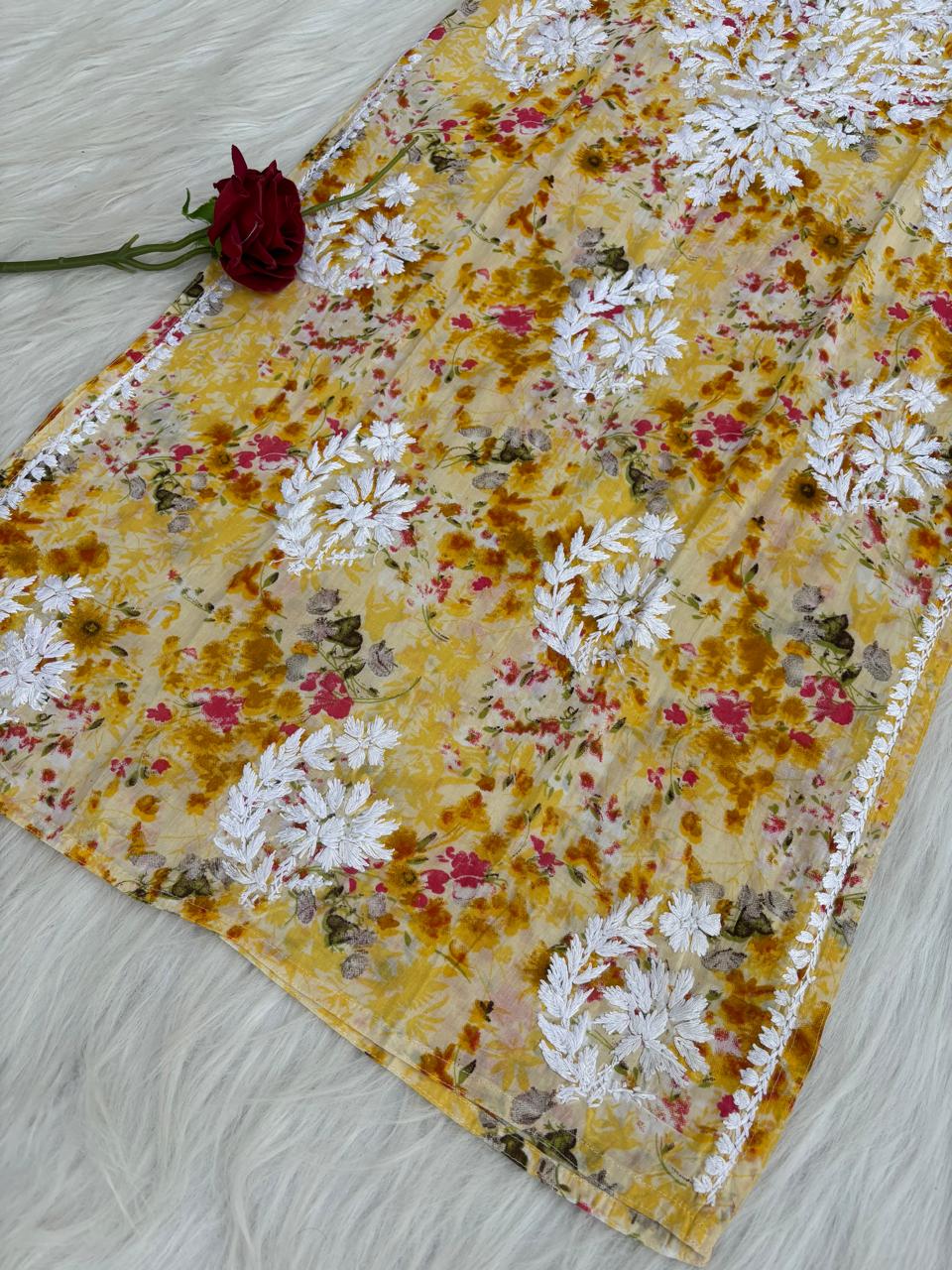 Fatima Pure Mulmul Chikankari  Handwork Kurti - Yellow Colour