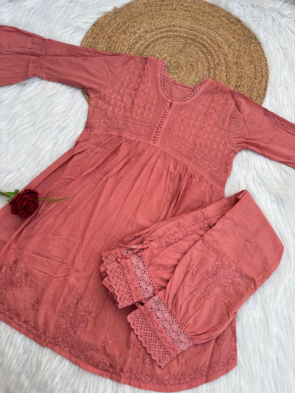 Laila Dobby Cotton Frock Style Short Kurti with Afghani Pant - Peach Color