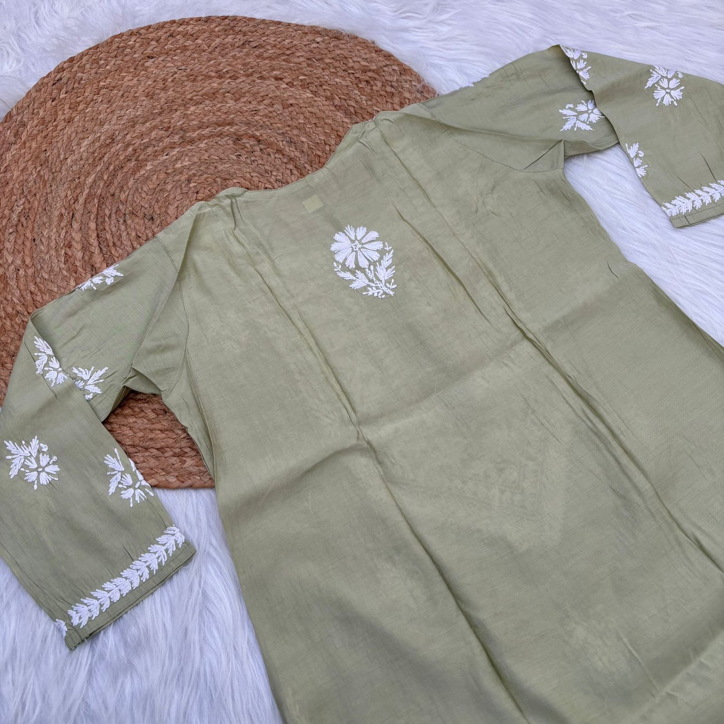 Afana Silk Chikankari Kurti Plazo set Pista Colour