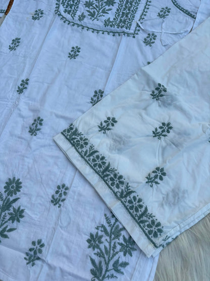 Heer Plus Size Cotton Handwork Chikankari Kurti Set - White Grey