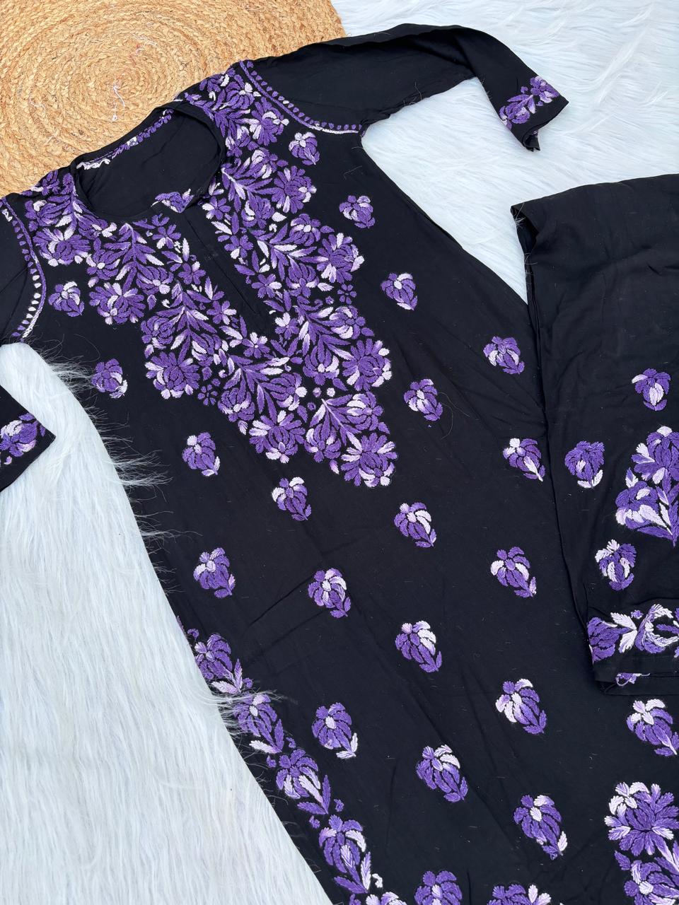 Rida Rayon Handwork Chikankari Kurti Set - Purple Colour