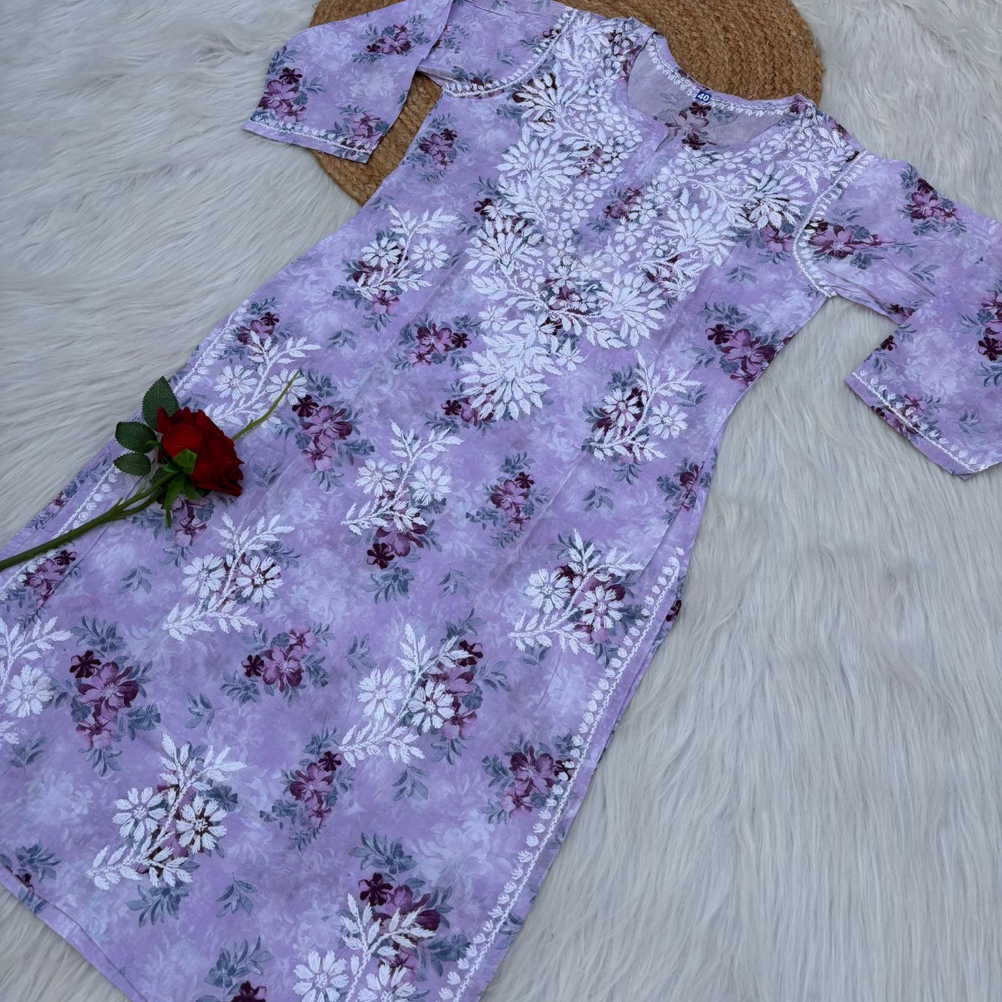 Fawziya Pure Mulmul Chikankari  Handwork Kurti -Purple Colour