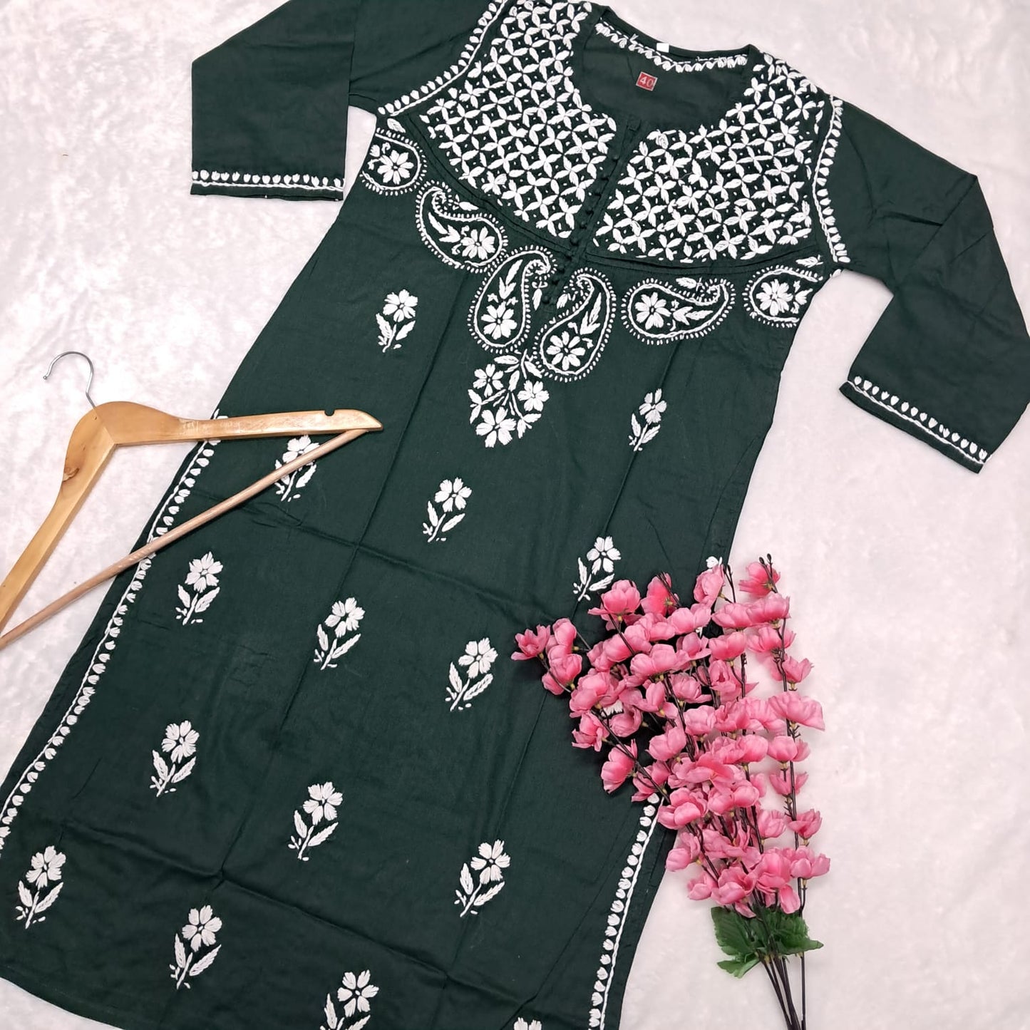 Adiva Pure Cotton Chikankari Handwork Kurti -Dark Green Colour